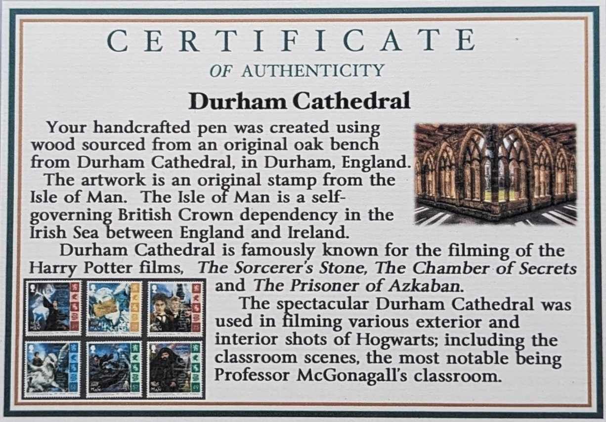 Harry Potter Durham Cathedral Collector’s Pen – Made with Historic Oak & Harry Potter Isle of Man Stamp