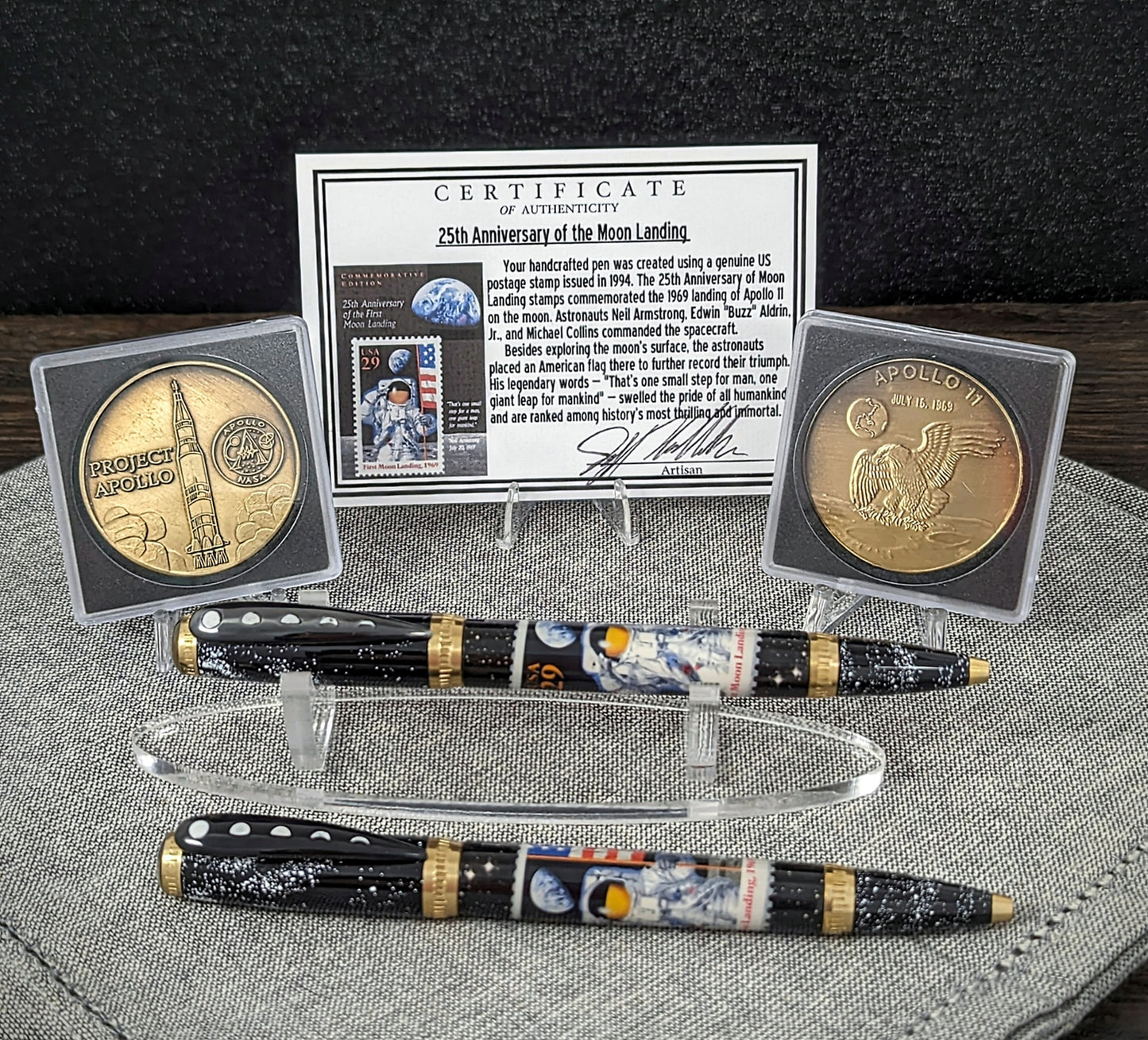 Apollo 11 collectable stamp w/ collectable coin moon landing twist pen- 1 set includes- 1 pen, 1 collectible coin, 1 COA