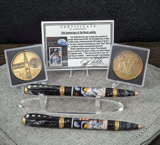 Apollo 11 collectable stamp w/ collectable coin moon landing twist pen- 1 set includes- 1 pen, 1 collectible coin, 1 COA