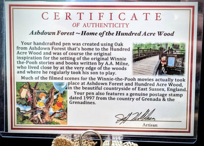 Winnie the Pooh with balloon stamp with Ashdown forest 100 acre wood